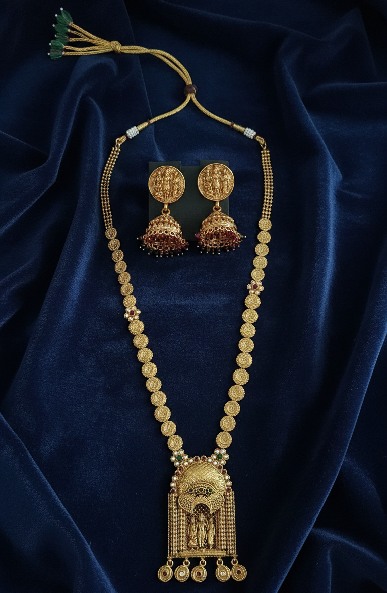 Temple Lakshmi Gold Long Haram Necklace with Antique Pendant