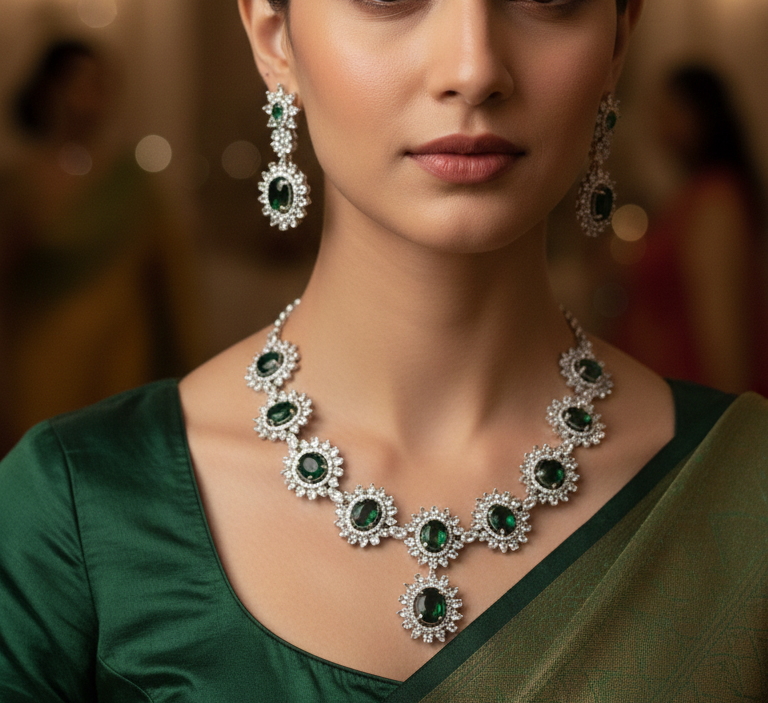 Royal Emerald Green American Diamond Necklace Set