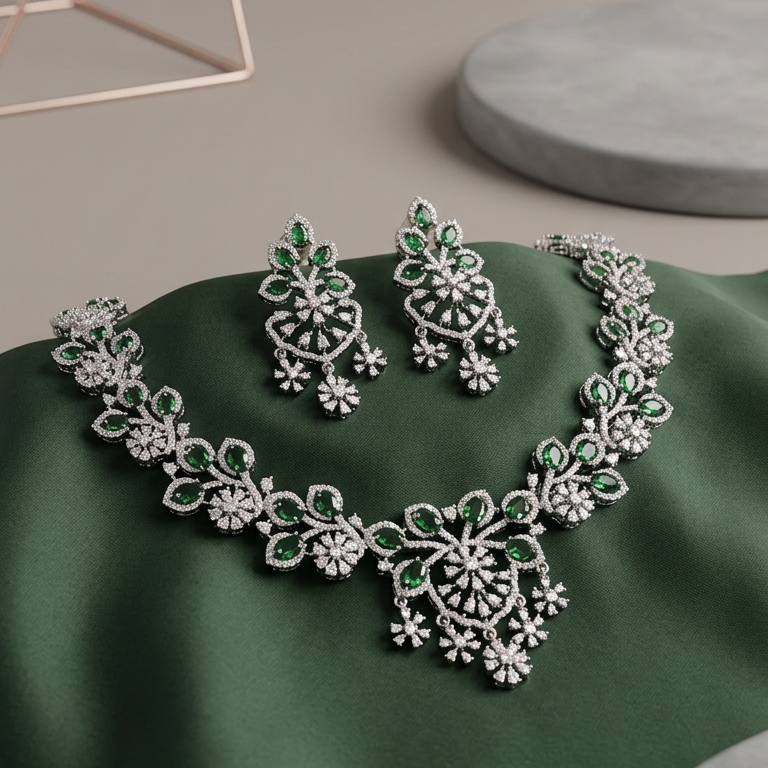 Emerald Floral Diamond Look Necklace Set