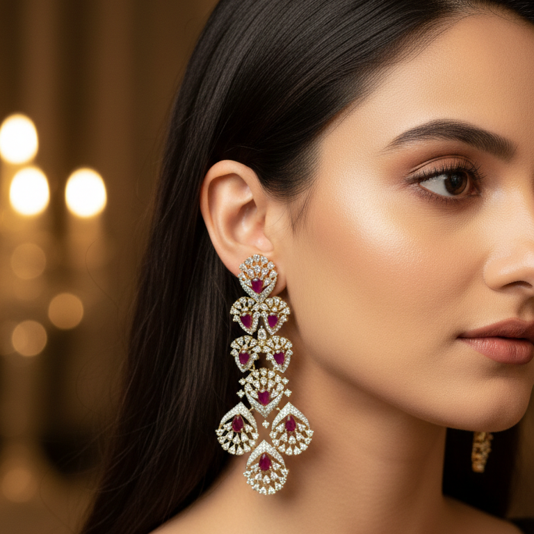 Luxury Ruby Red Teardrop American Diamond Long Earrings