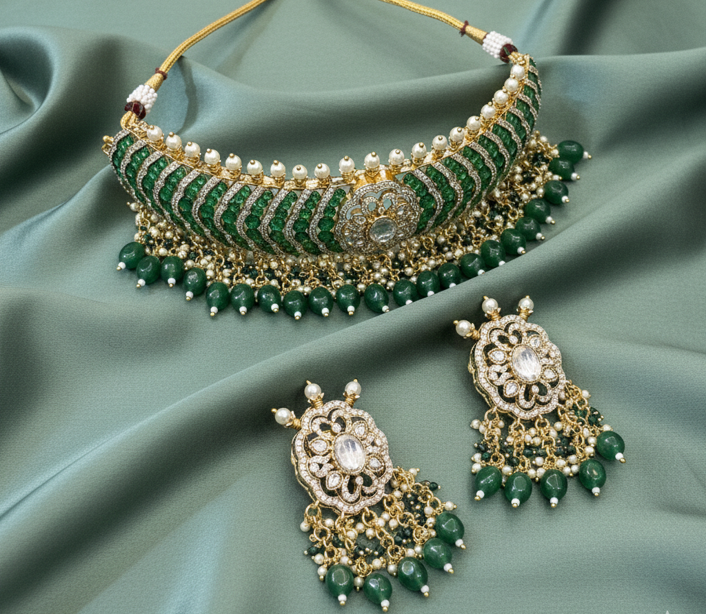 Royal Green Kundan Polki Bridal Choker Necklace Set