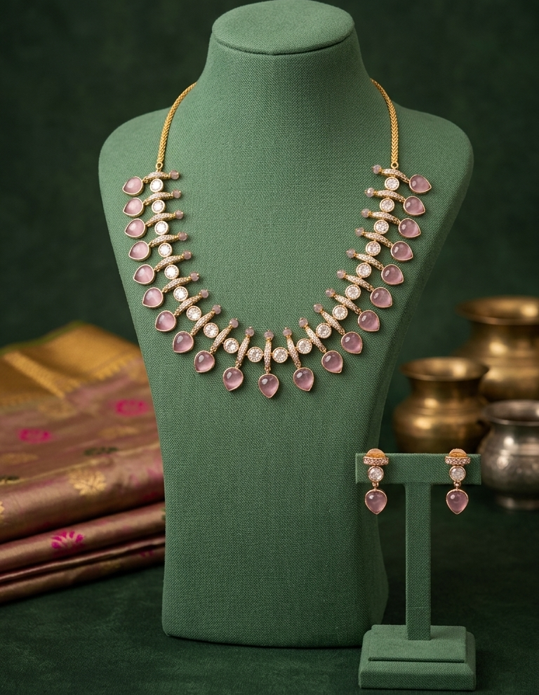 Real Polki baby pink Necklace & Earrings Set
