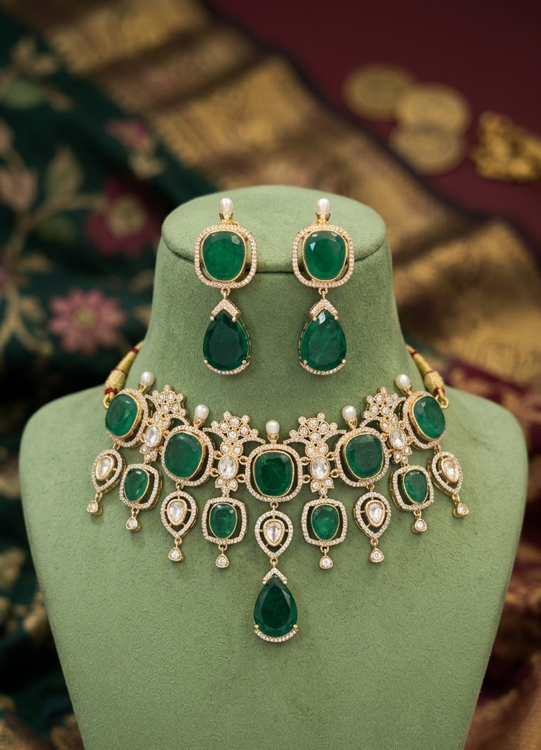 Emerald Green Stone Choker Necklace Set for Women