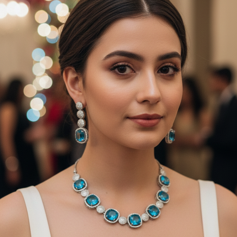 Blue Cushion Cut American Diamond Necklace Set