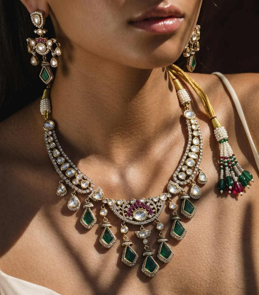 Royal Emerald Kundan AD Choker Necklace Set