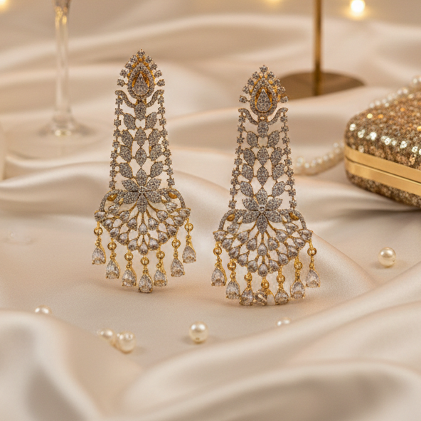 Bridal Style American Diamond Long Earrings with Teardrop Stones