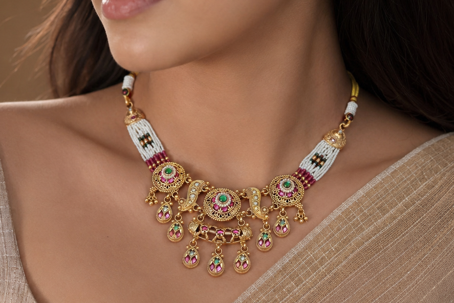 Royal Pearl Temple Necklace Set with Traditional Earrings