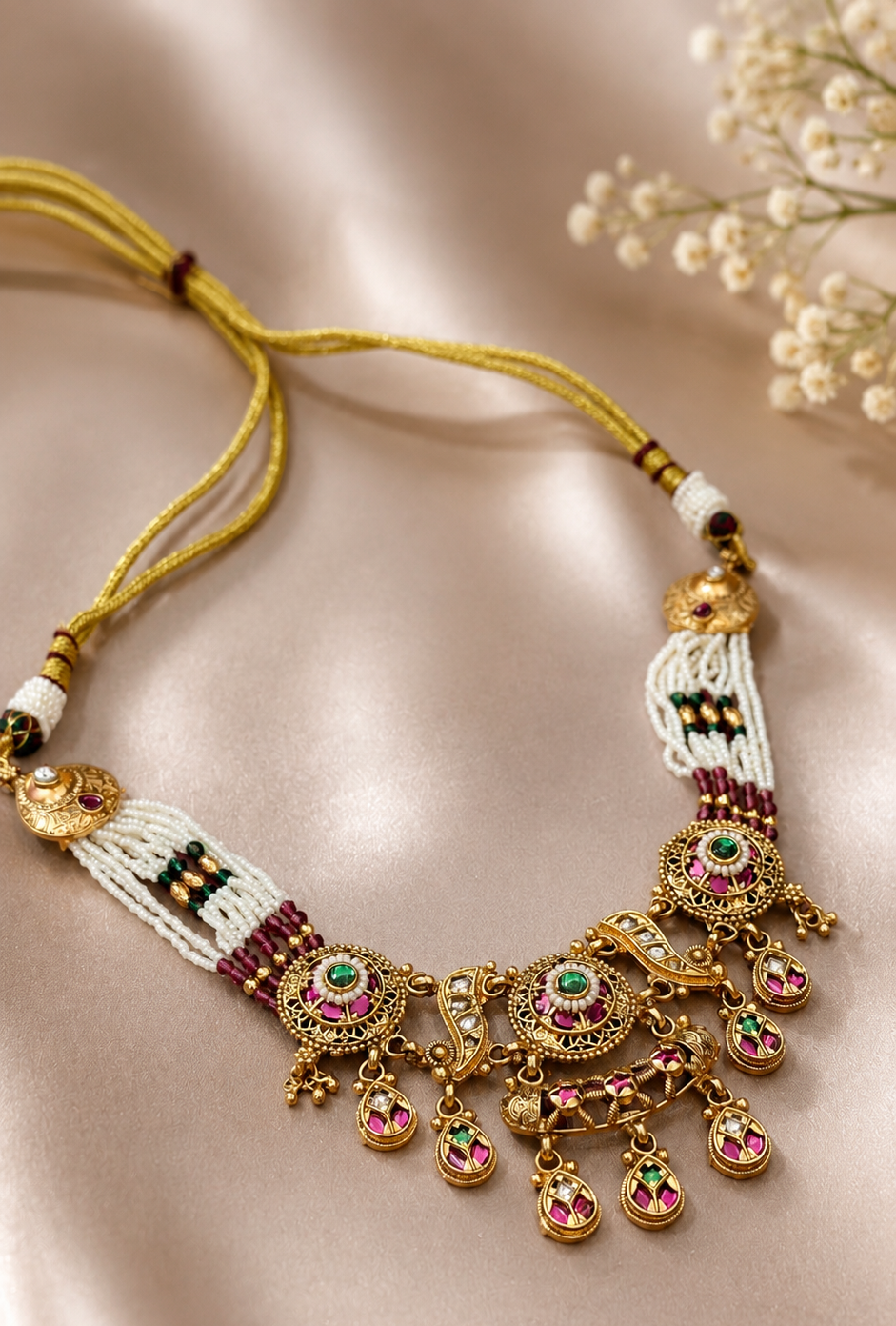 Royal Pearl Temple Necklace Set with Traditional Earrings
