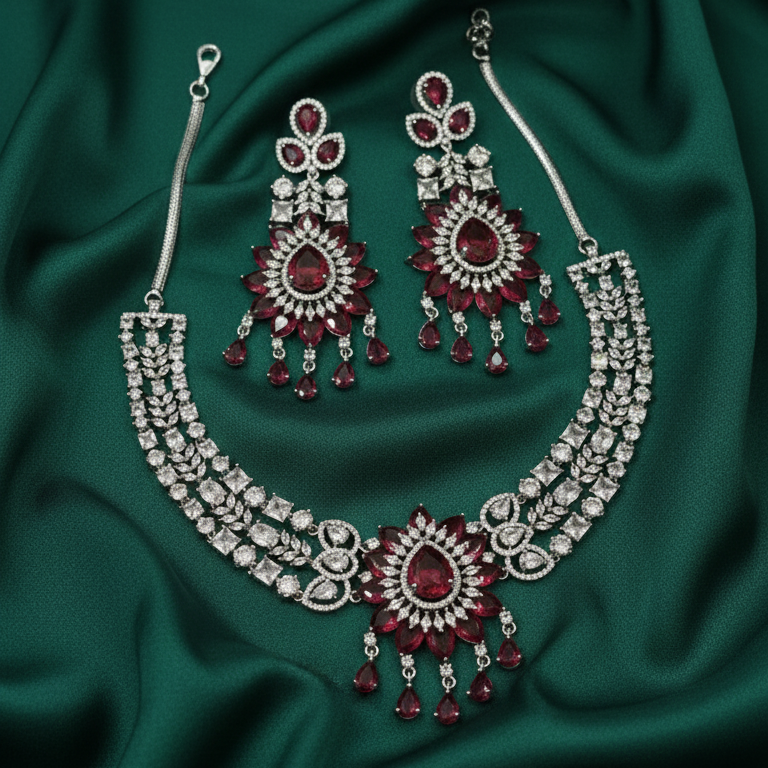 Ruby Red American Diamond Necklace Set