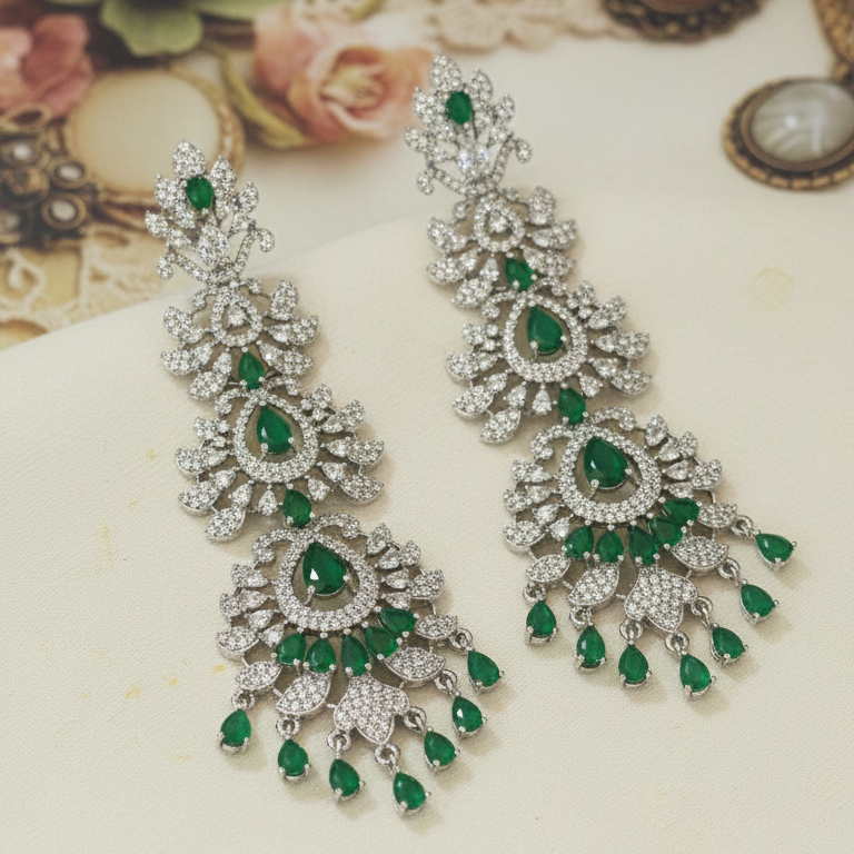 Royal Emerald Green American Diamond Long Drop Earrings