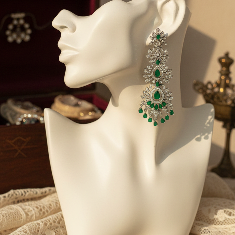 Royal Emerald Green American Diamond Long Drop Earrings