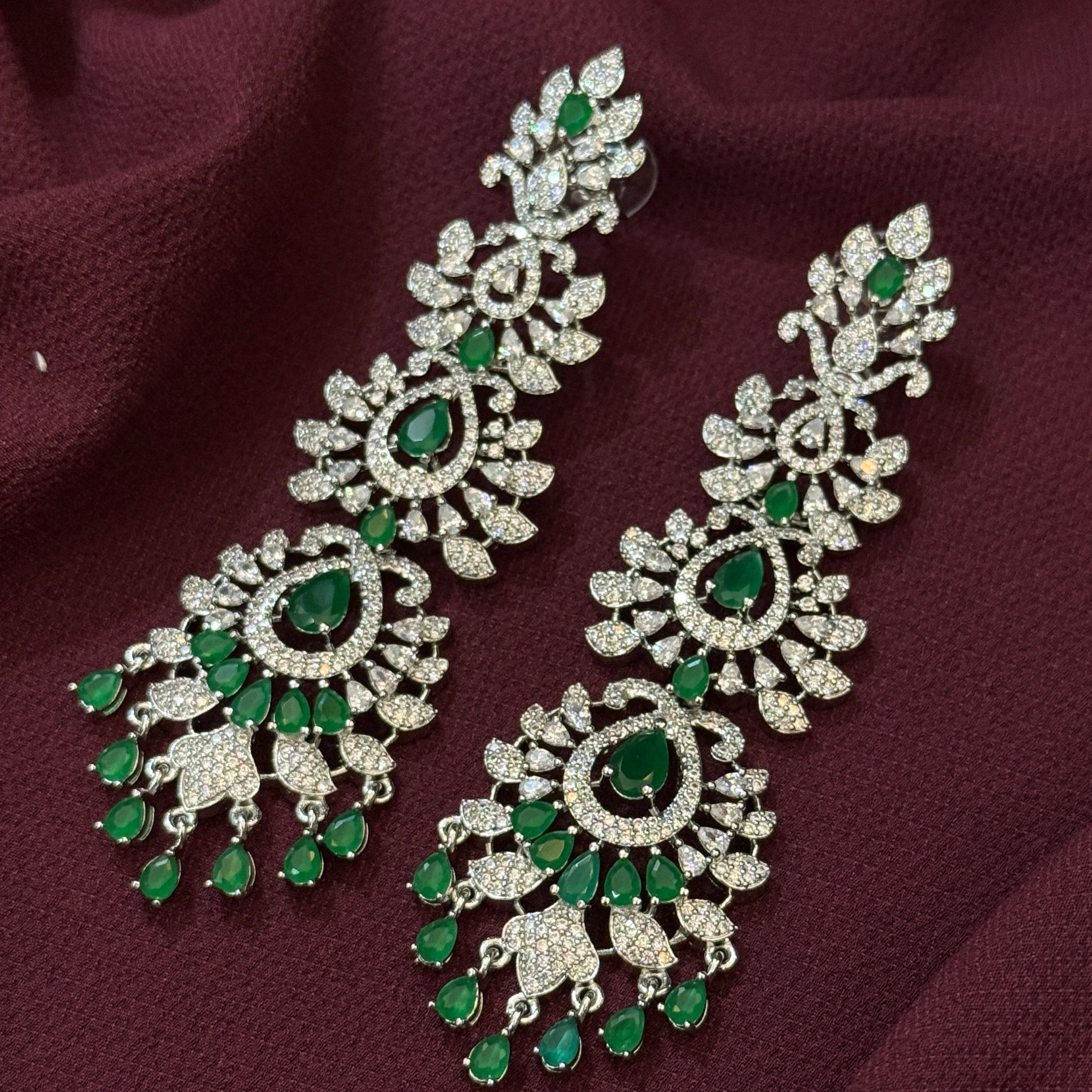 Royal Emerald Green American Diamond Long Drop Earrings