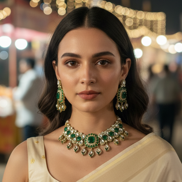 Emerald Noor Kundan Necklace & Earrings Set
