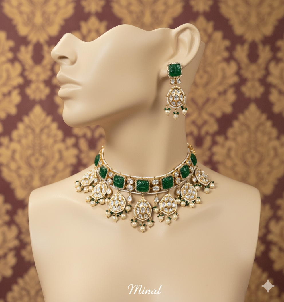Emerald Royale Real Polki Kundan Necklace Set