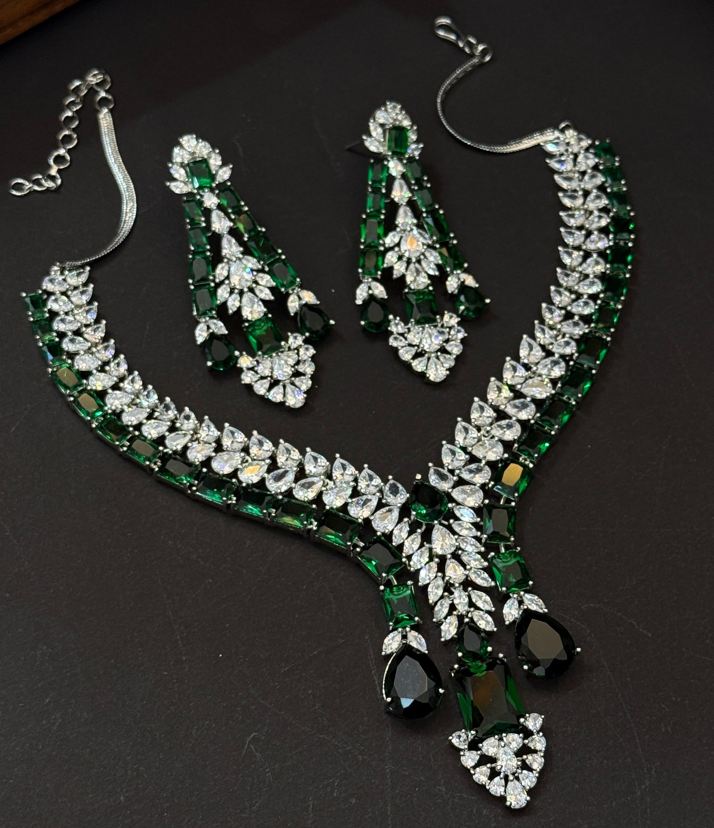 Royal Emerald Cascade American Diamond Necklace Set
