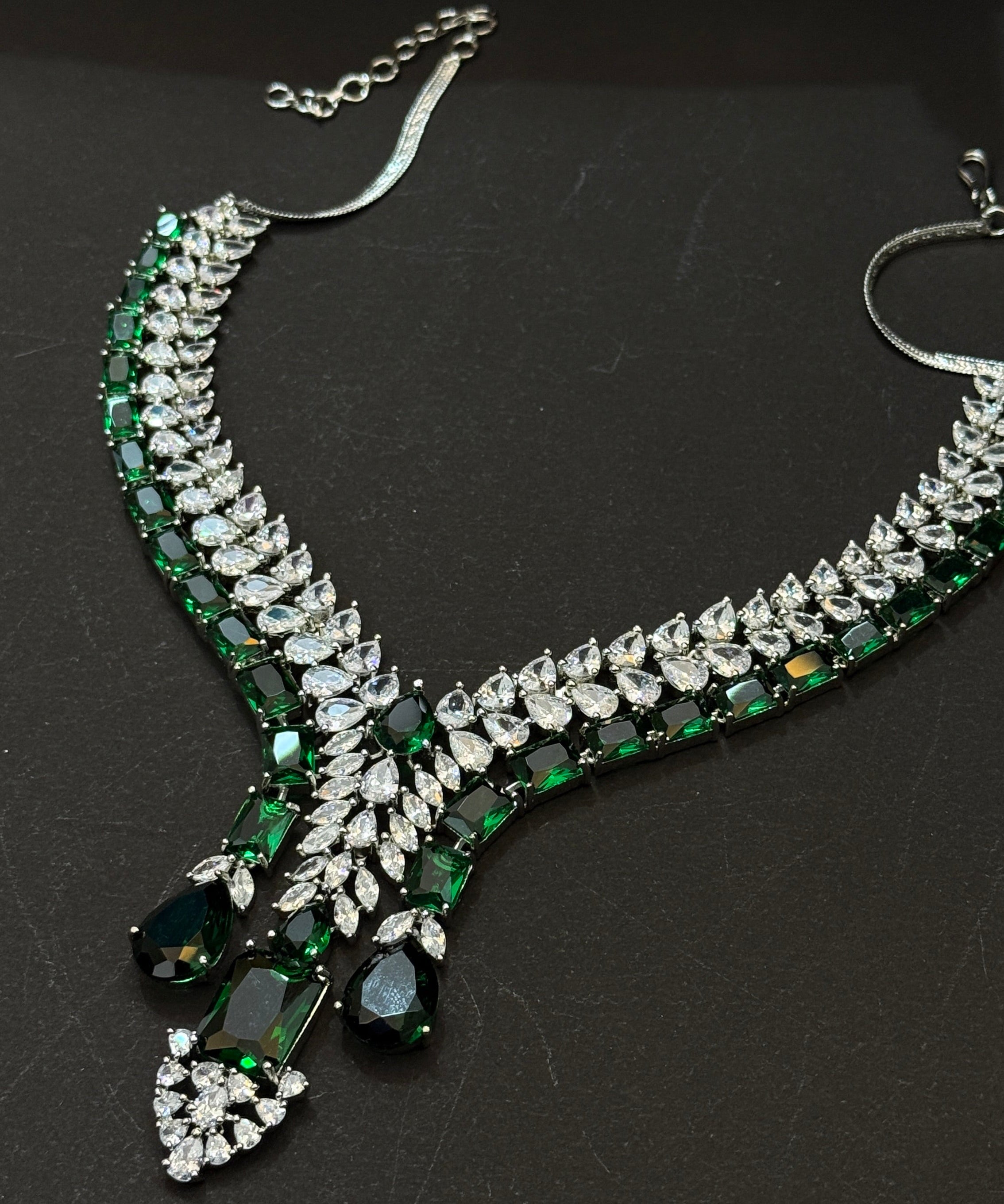 Royal Emerald Cascade American Diamond Necklace Set