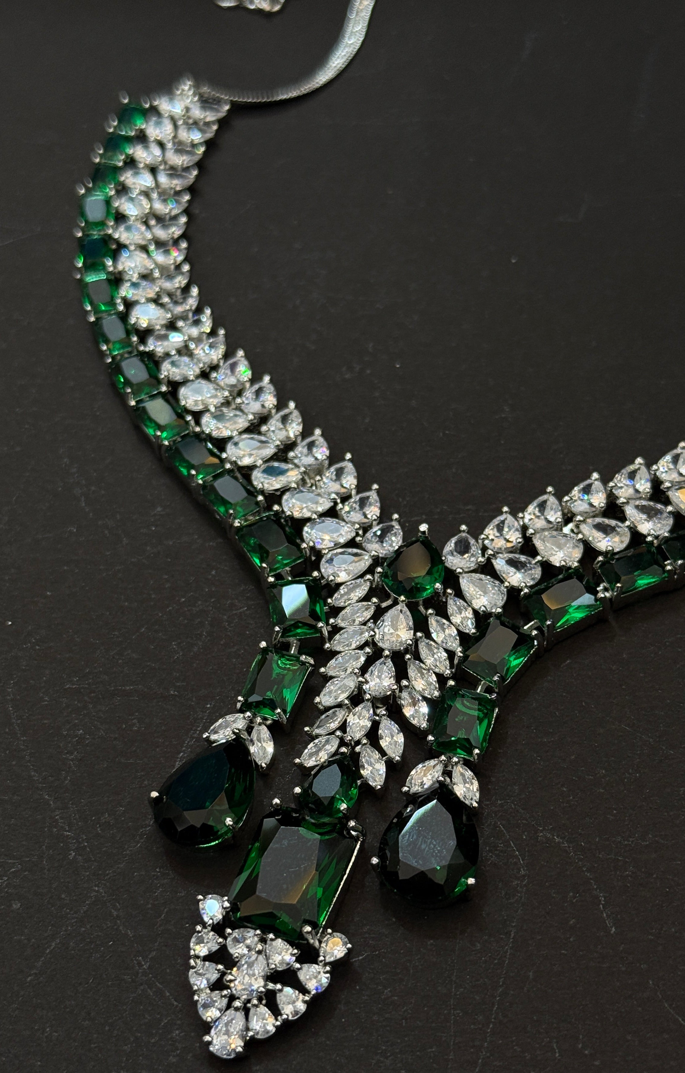 Royal Emerald Cascade American Diamond Necklace Set