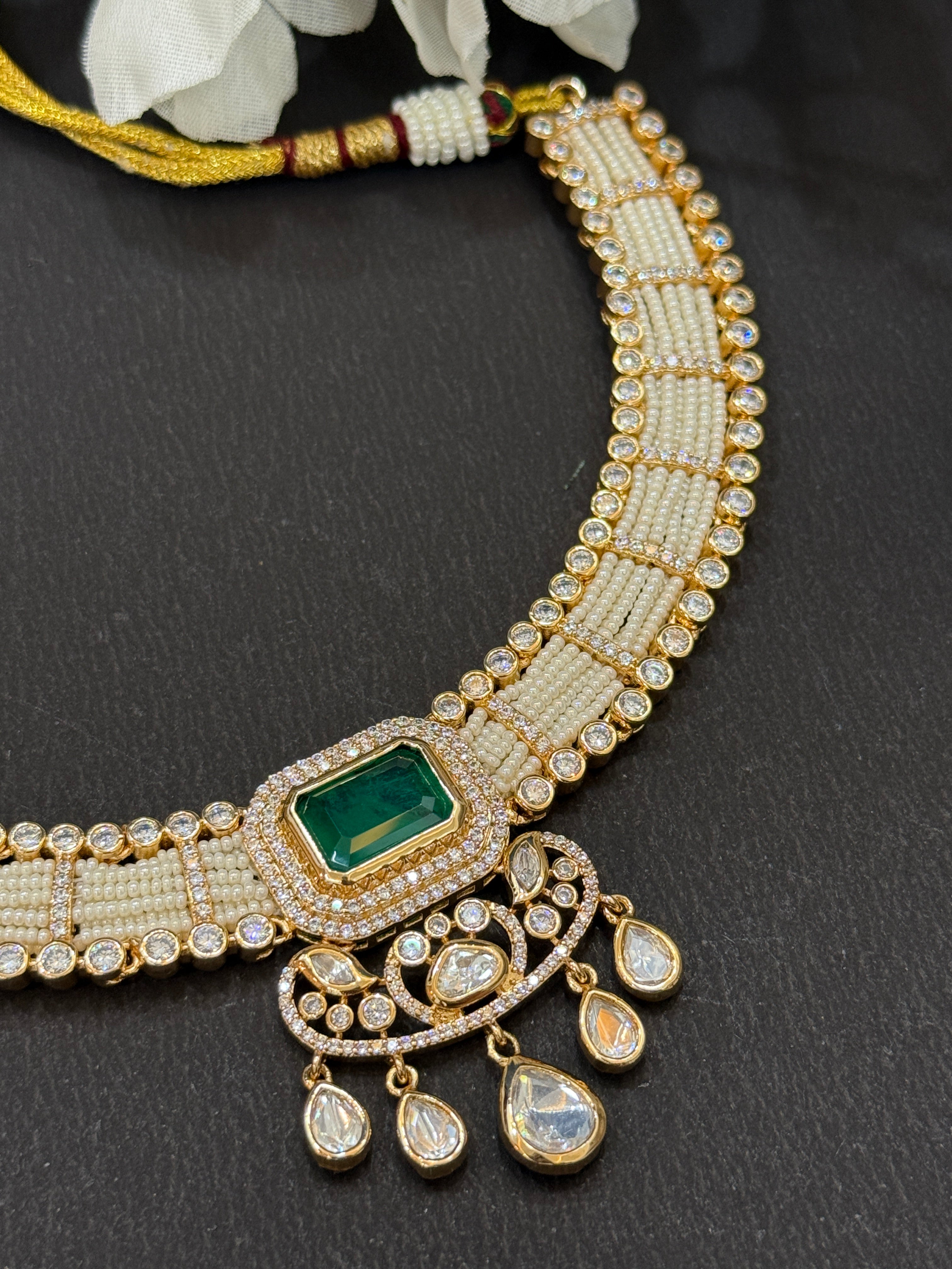 Emerald Grace Polki Pearl Choker Set-Mivanaa