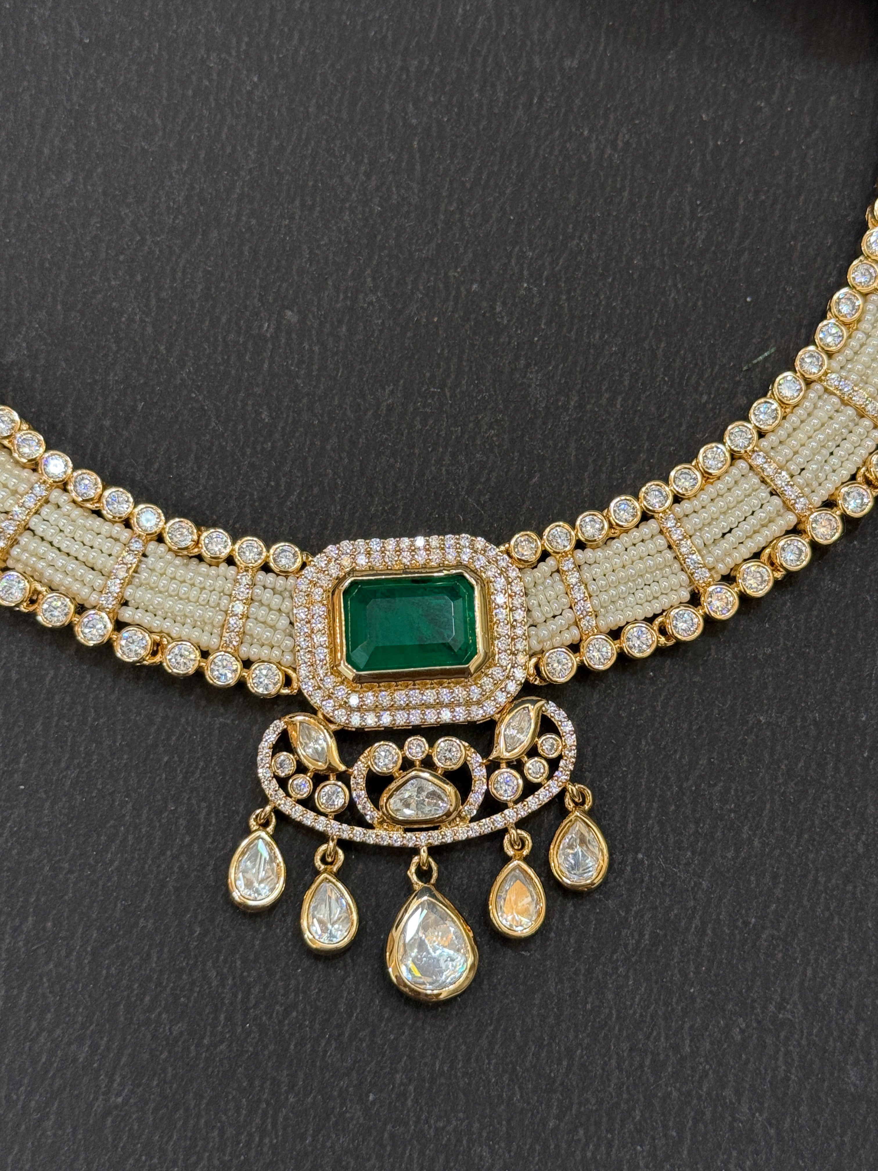 Emerald Grace Polki Pearl Choker Set-Mivanaa