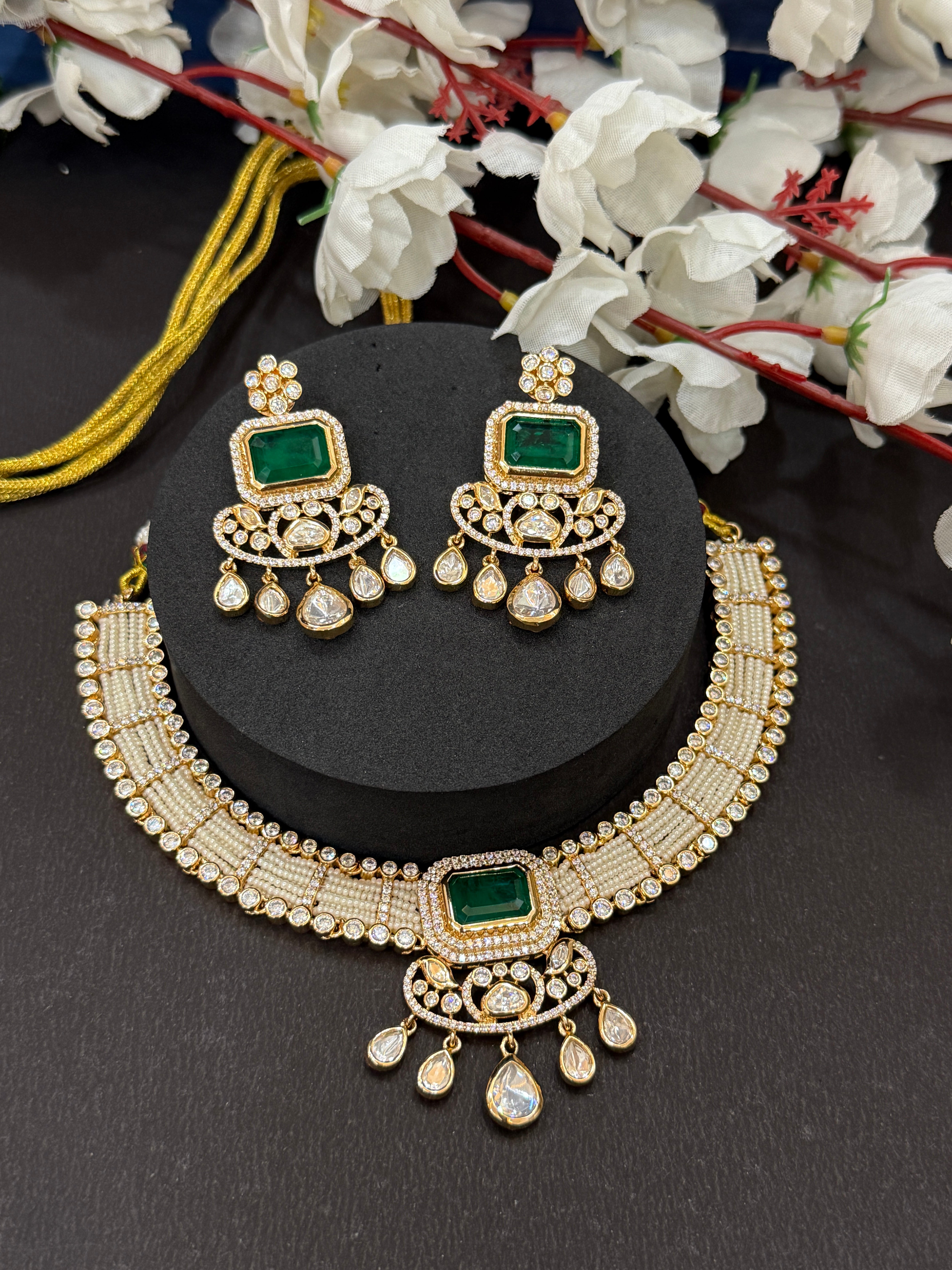 Emerald Grace Polki Pearl Choker Set-Mivanaa