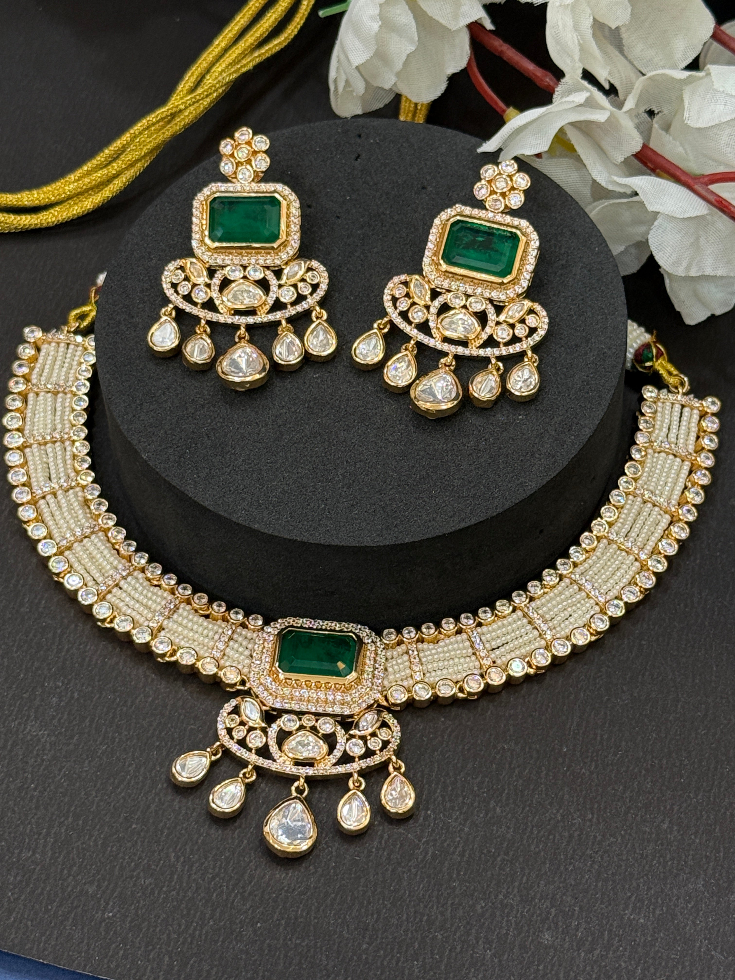 Emerald Grace Polki Pearl Choker Set-Mivanaa