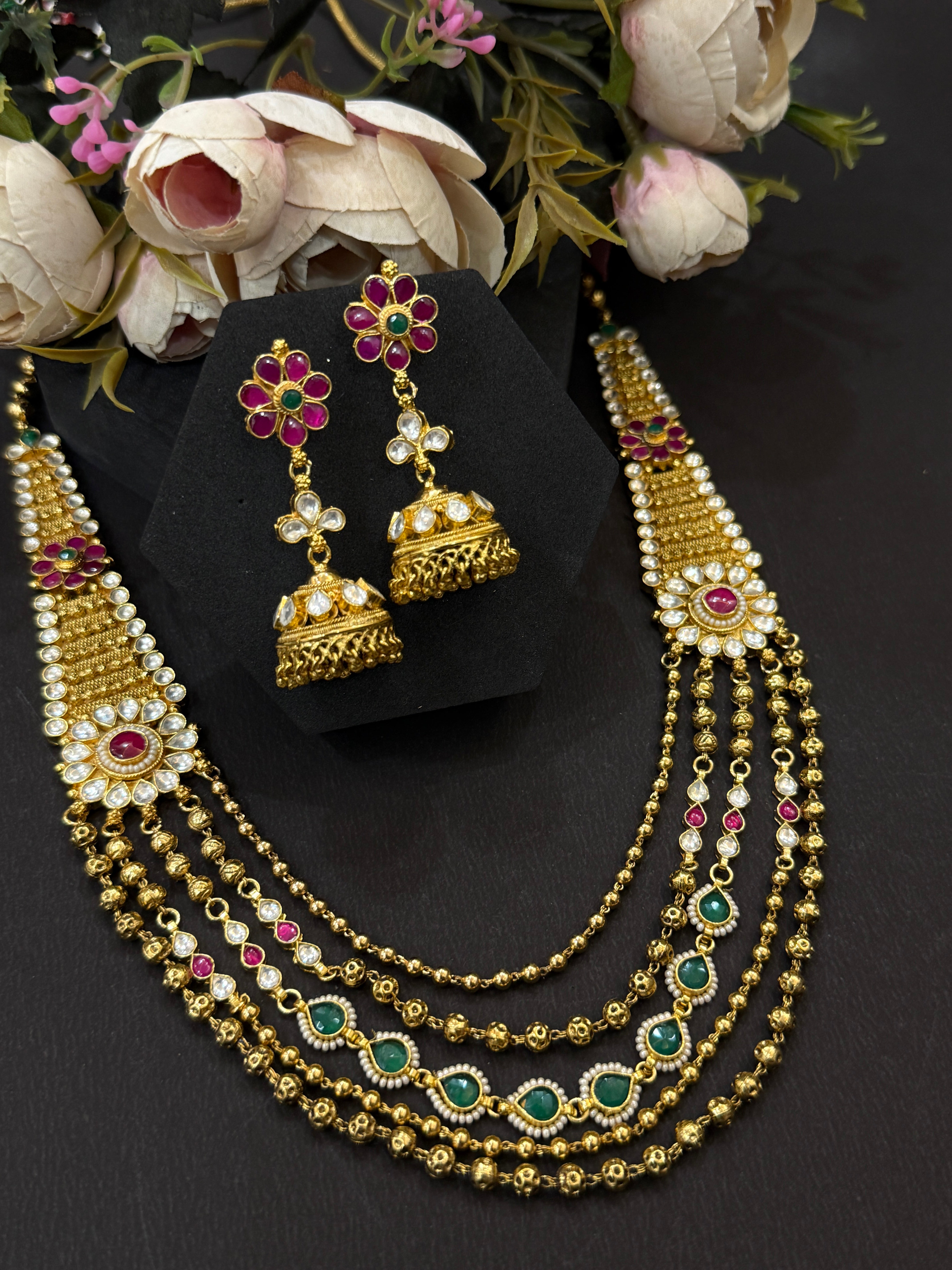 Maharani Elegance – Ruby & Emerald Temple Set-Mivanaa