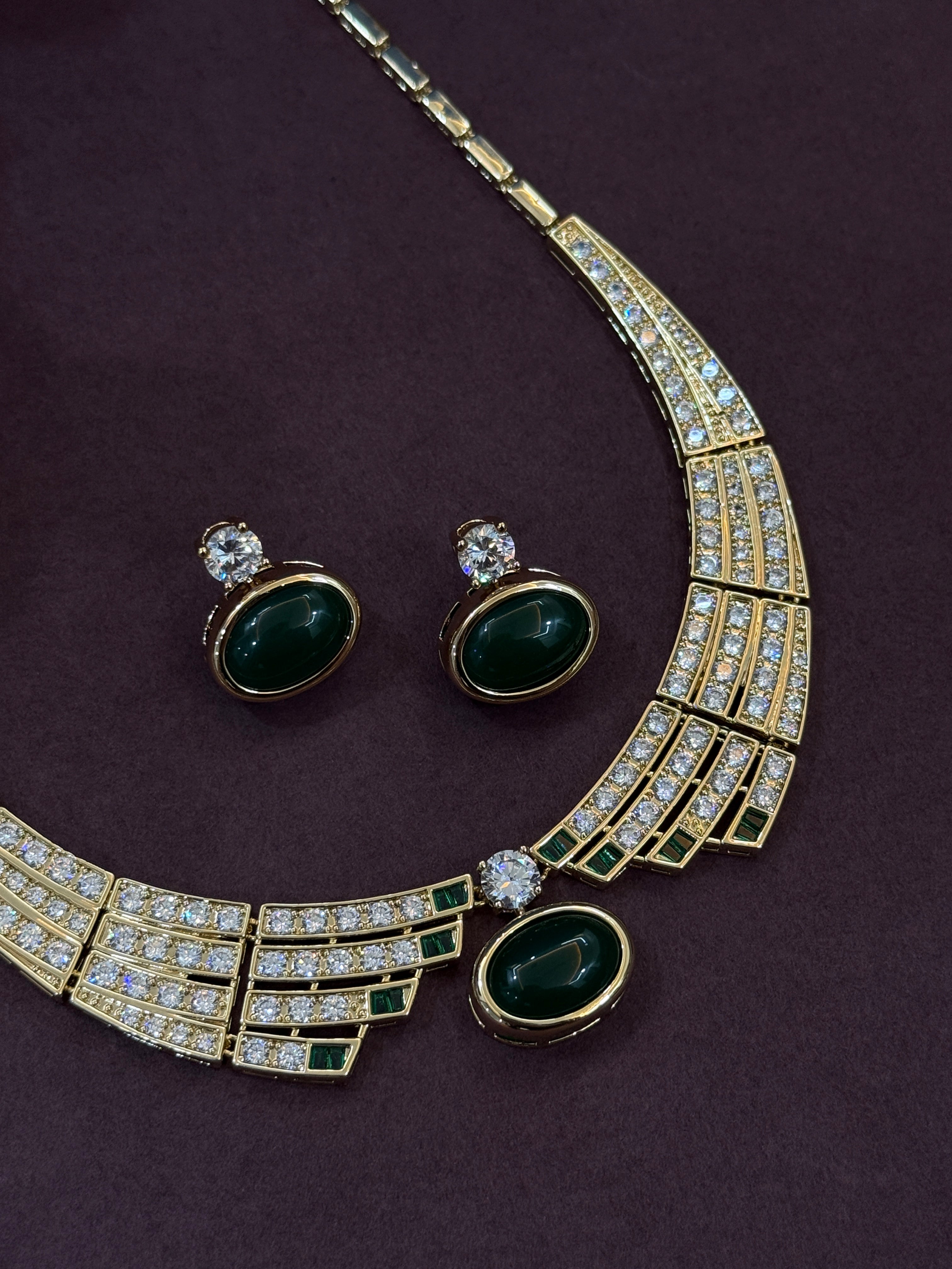 Elegant Emerald & Diamond Gold-Plated Necklace Set