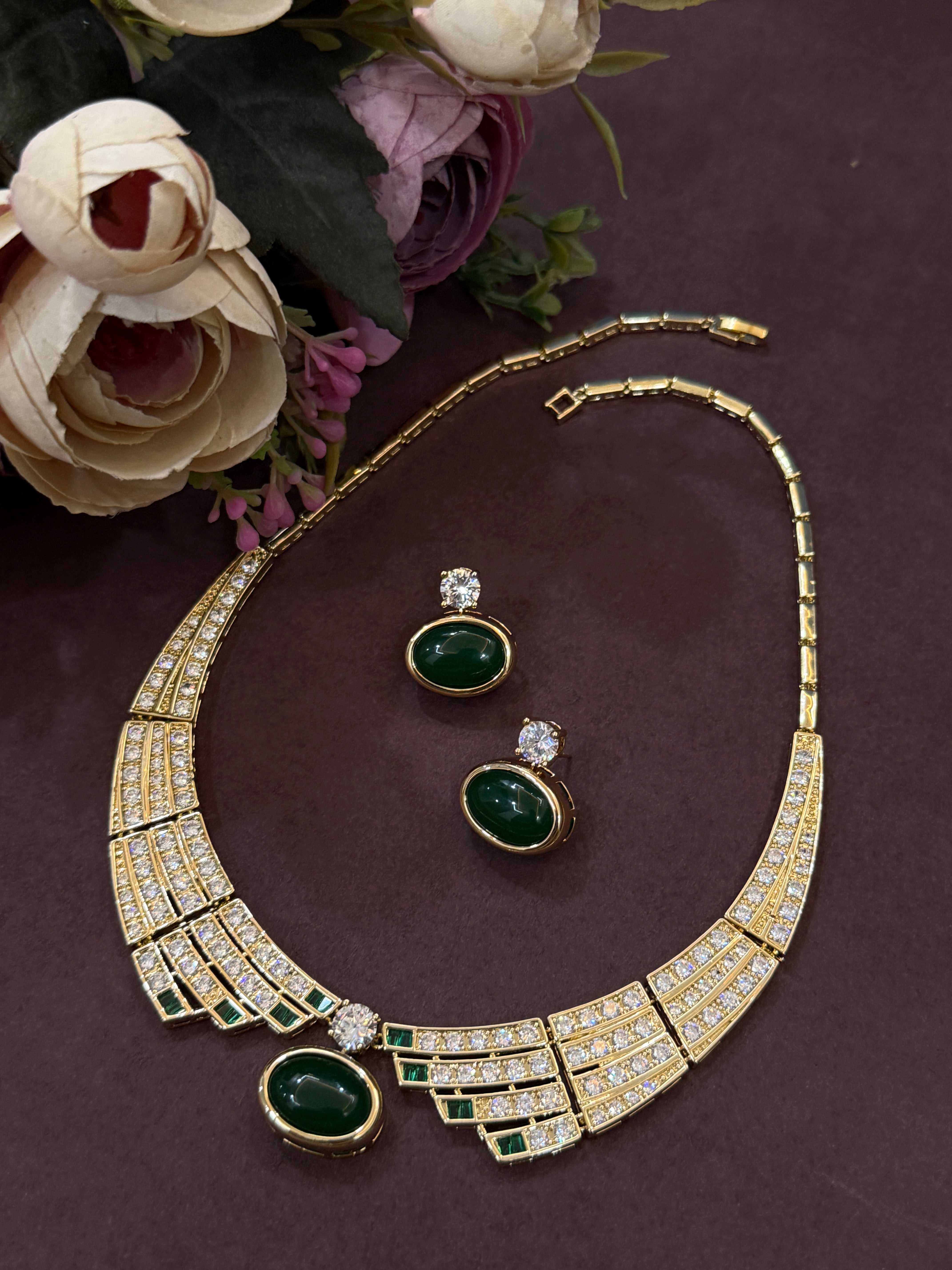 Elegant Emerald & Diamond Gold-Plated Necklace Set