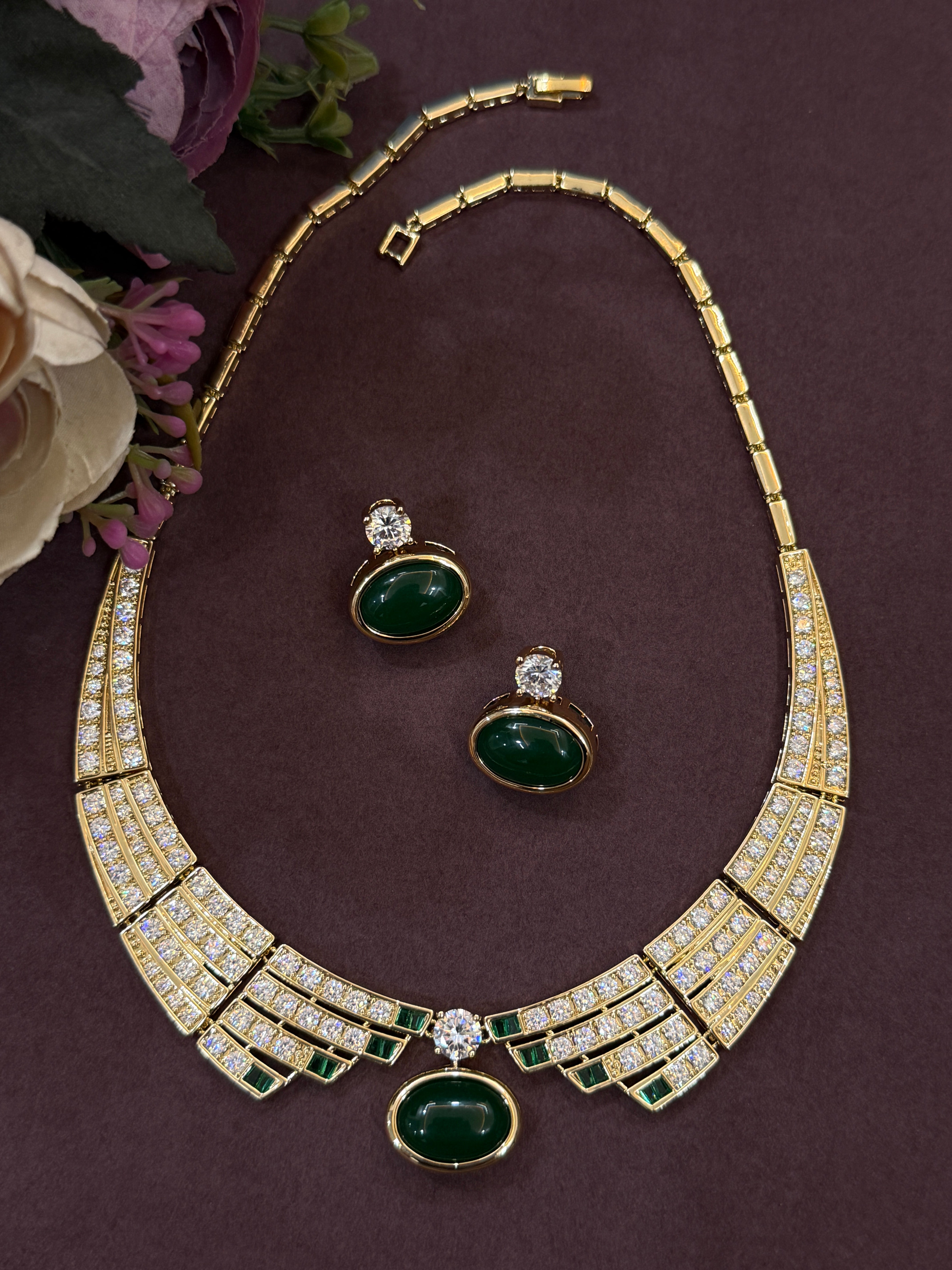 Elegant Emerald & Diamond Gold-Plated Necklace Set