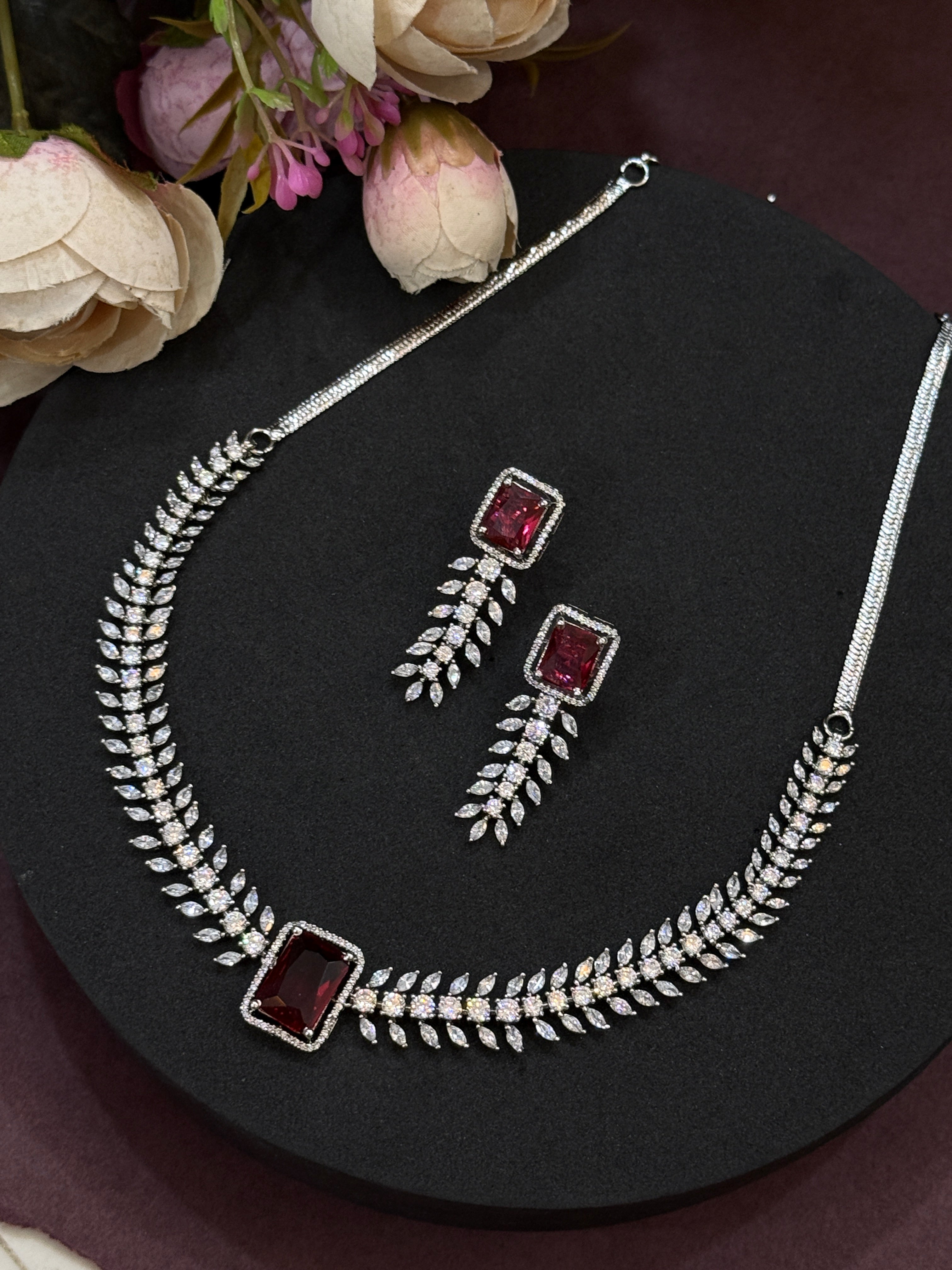 Ruby Red CZ Stone Necklace & Earring Set