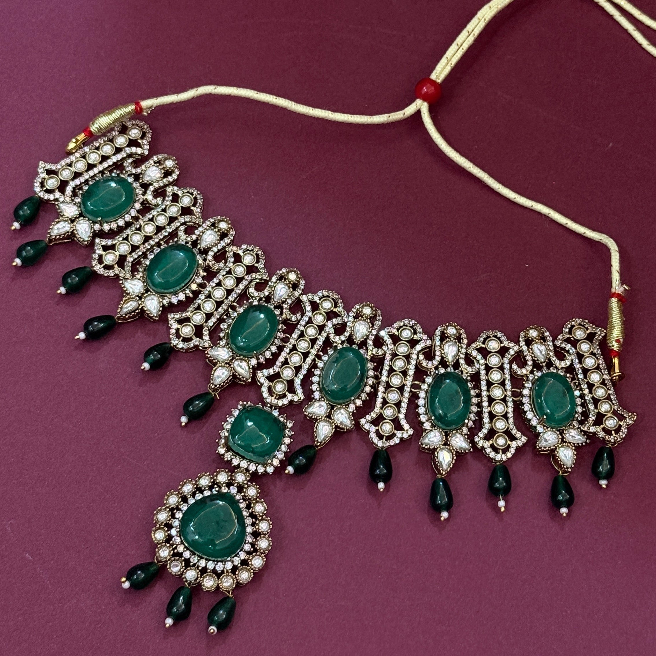 Traditional Green Stone Choker Jewellery Set