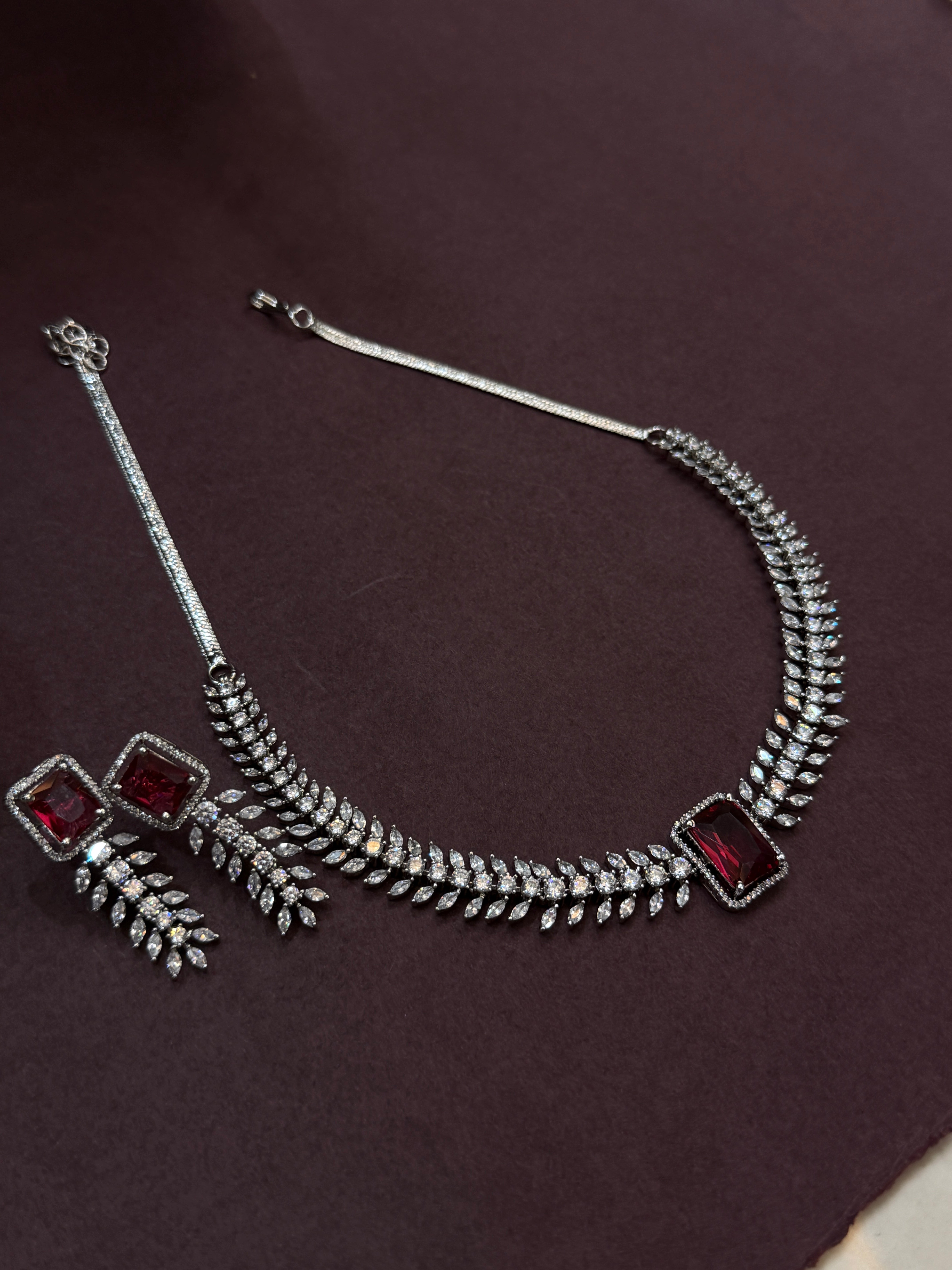 Ruby Red CZ Stone Necklace & Earring Set