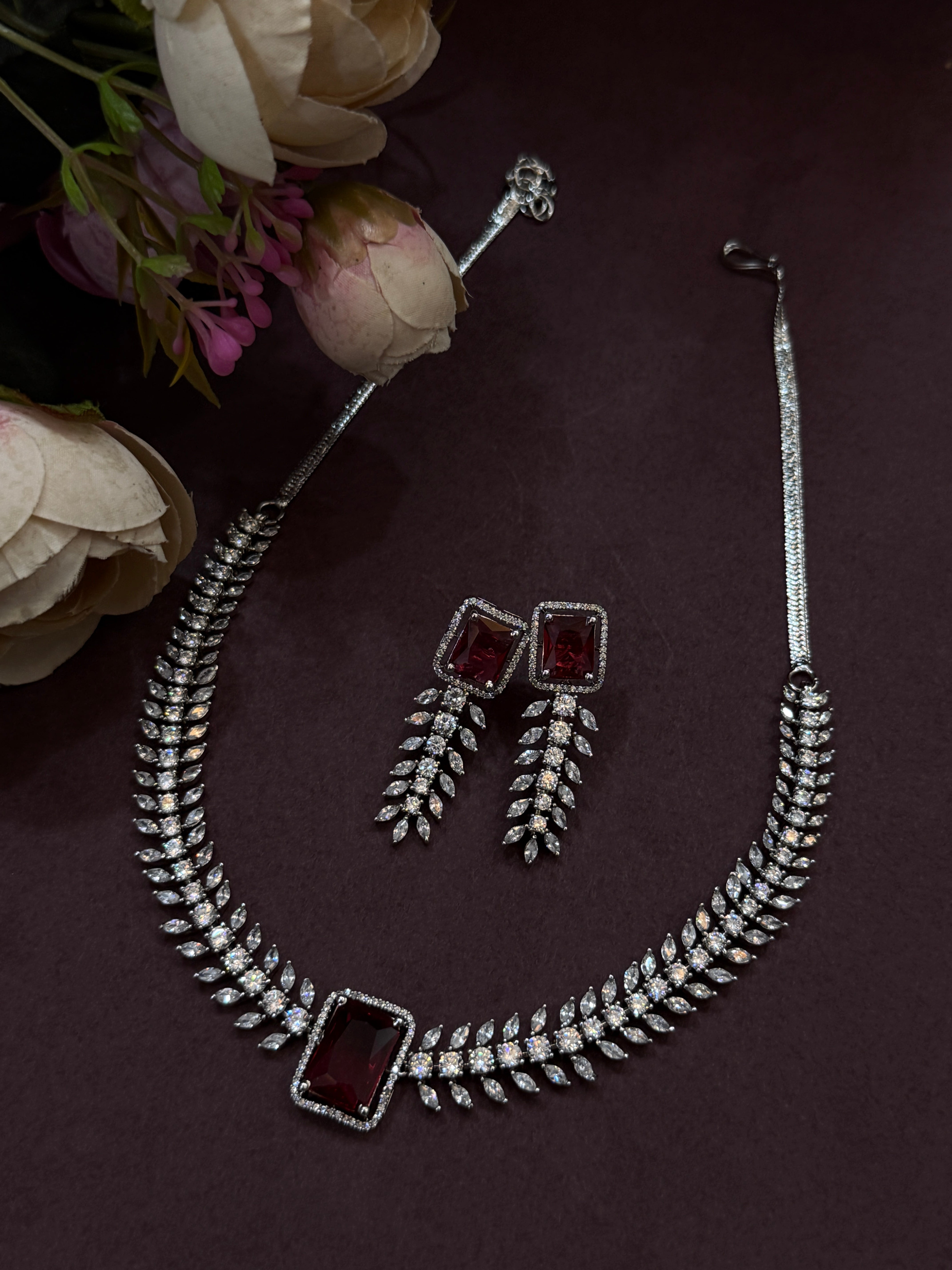 Ruby Red CZ Stone Necklace & Earring Set