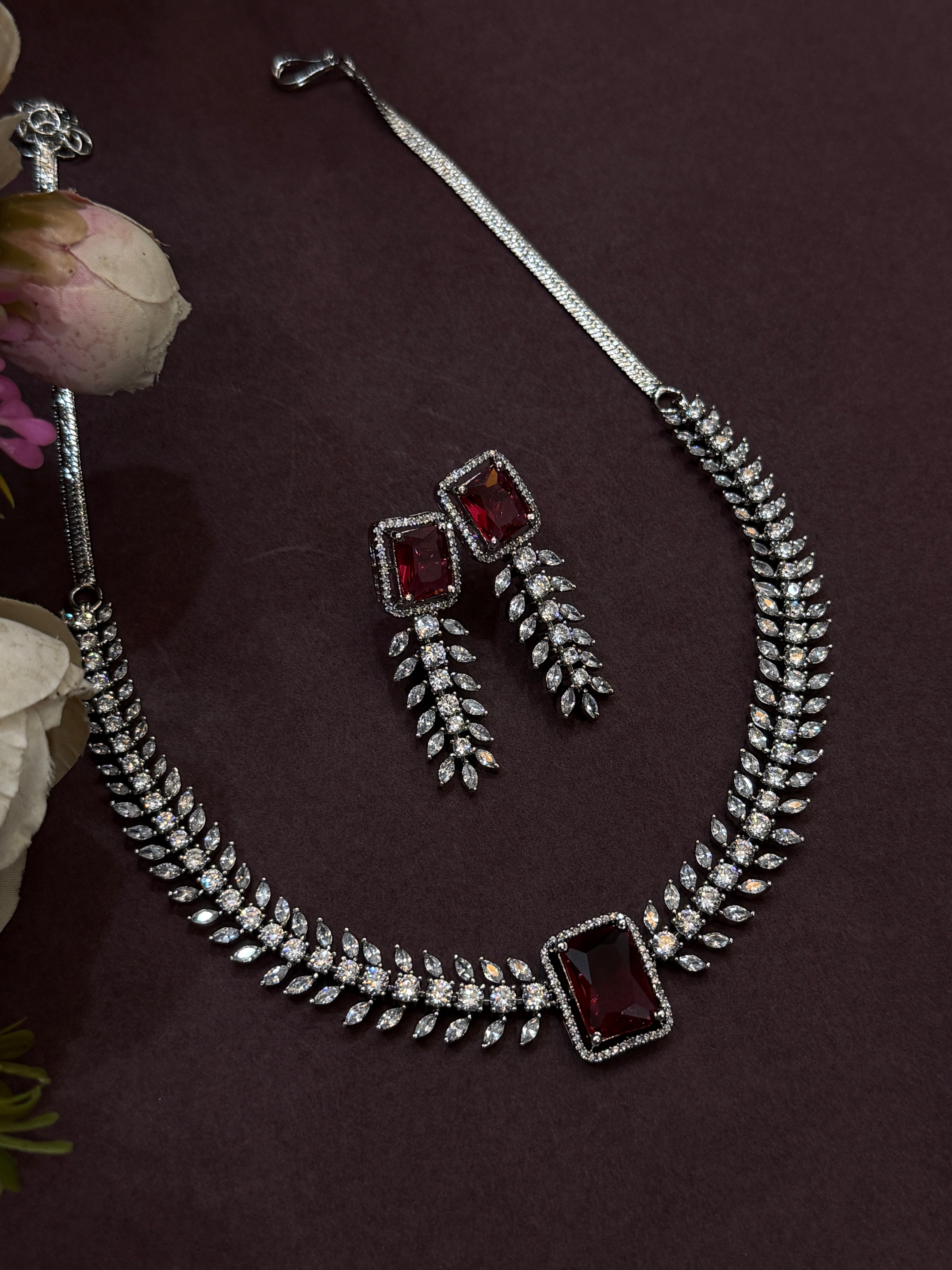 Ruby Red CZ Stone Necklace & Earring Set