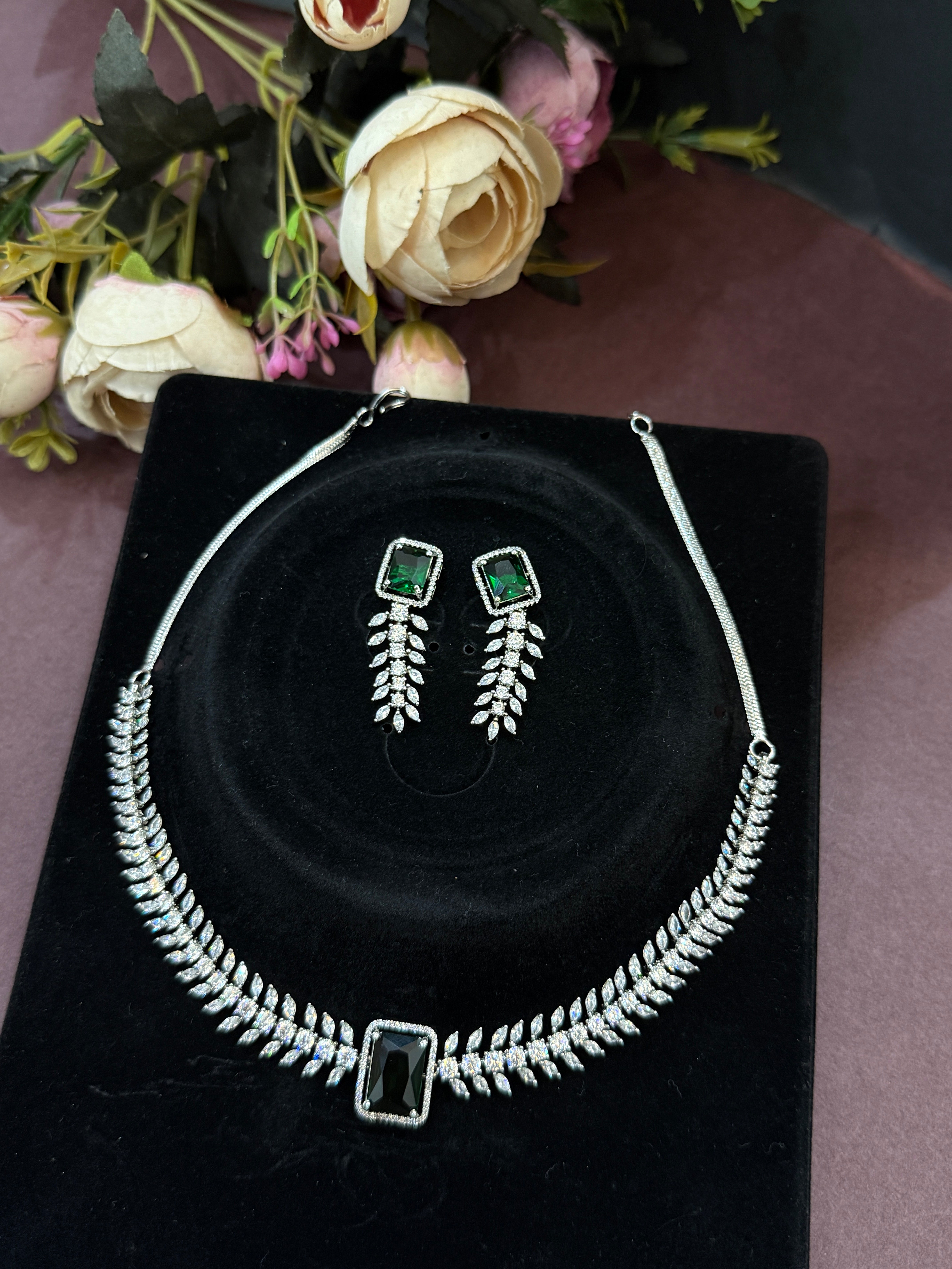 Luxury Emerald Green CZ Stone Necklace & Earring Set