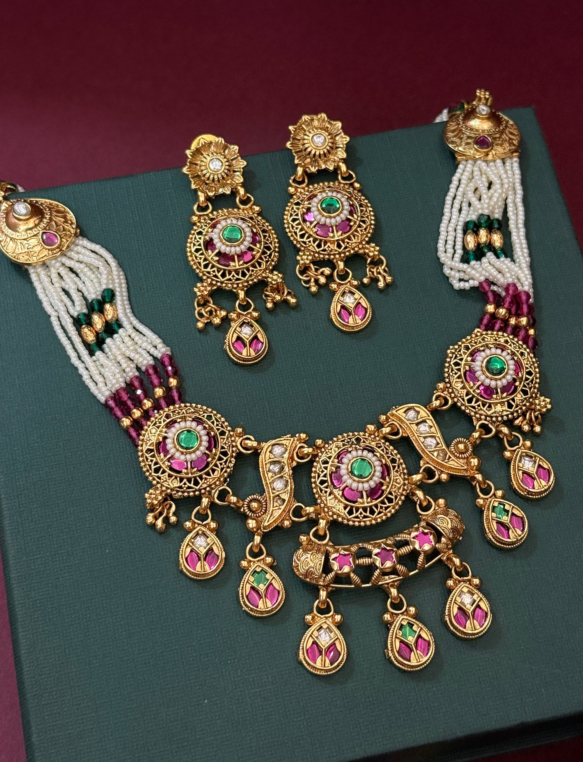 Royal Pearl Temple Necklace Set with Traditional Earrings