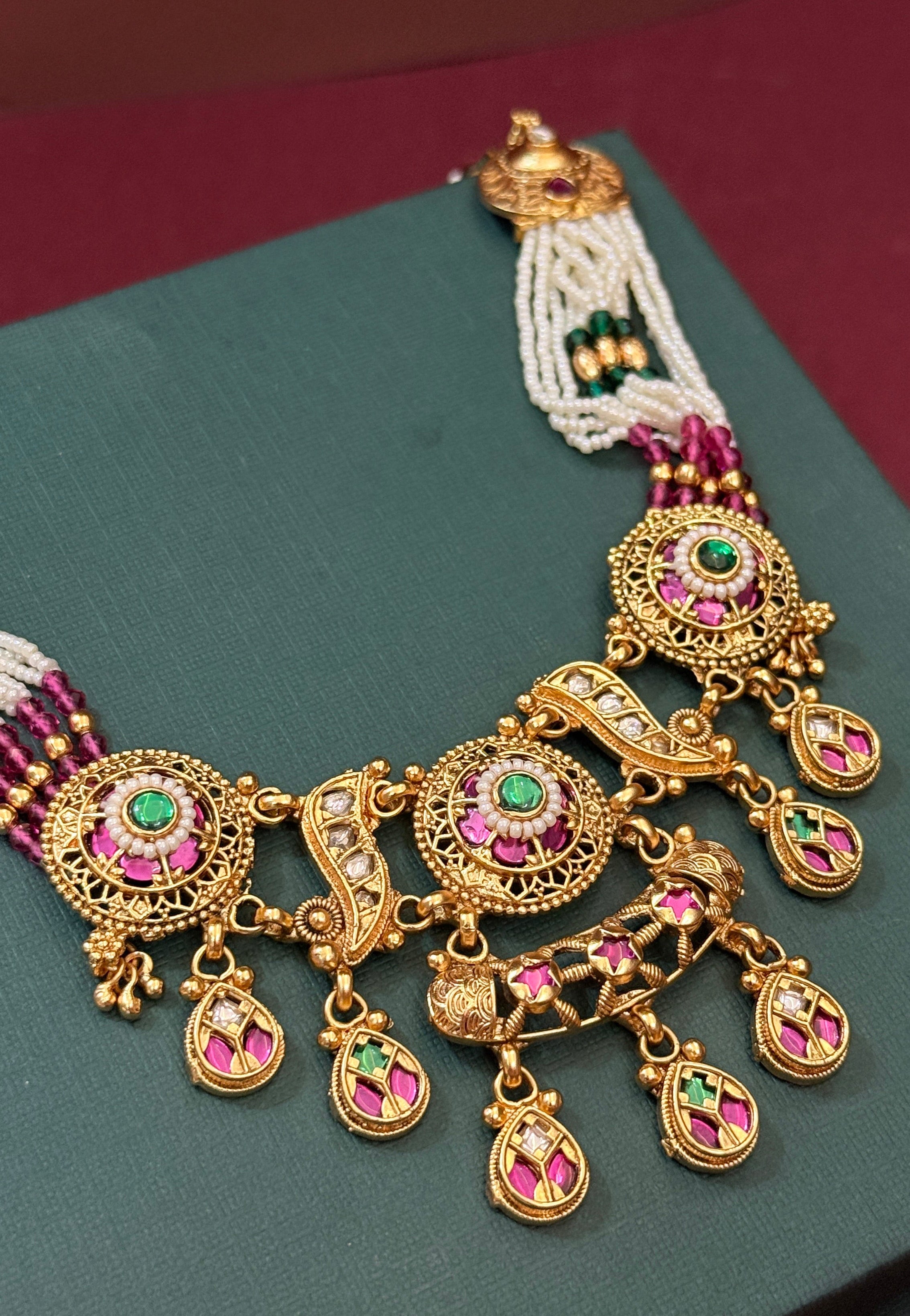 Royal Pearl Temple Necklace Set with Traditional Earrings