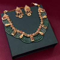 Royal Green Beaded Traditional Necklace Set with Antique Gold Earrings