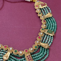 Royal Green Beaded Traditional Necklace Set with Antique Gold Earrings
