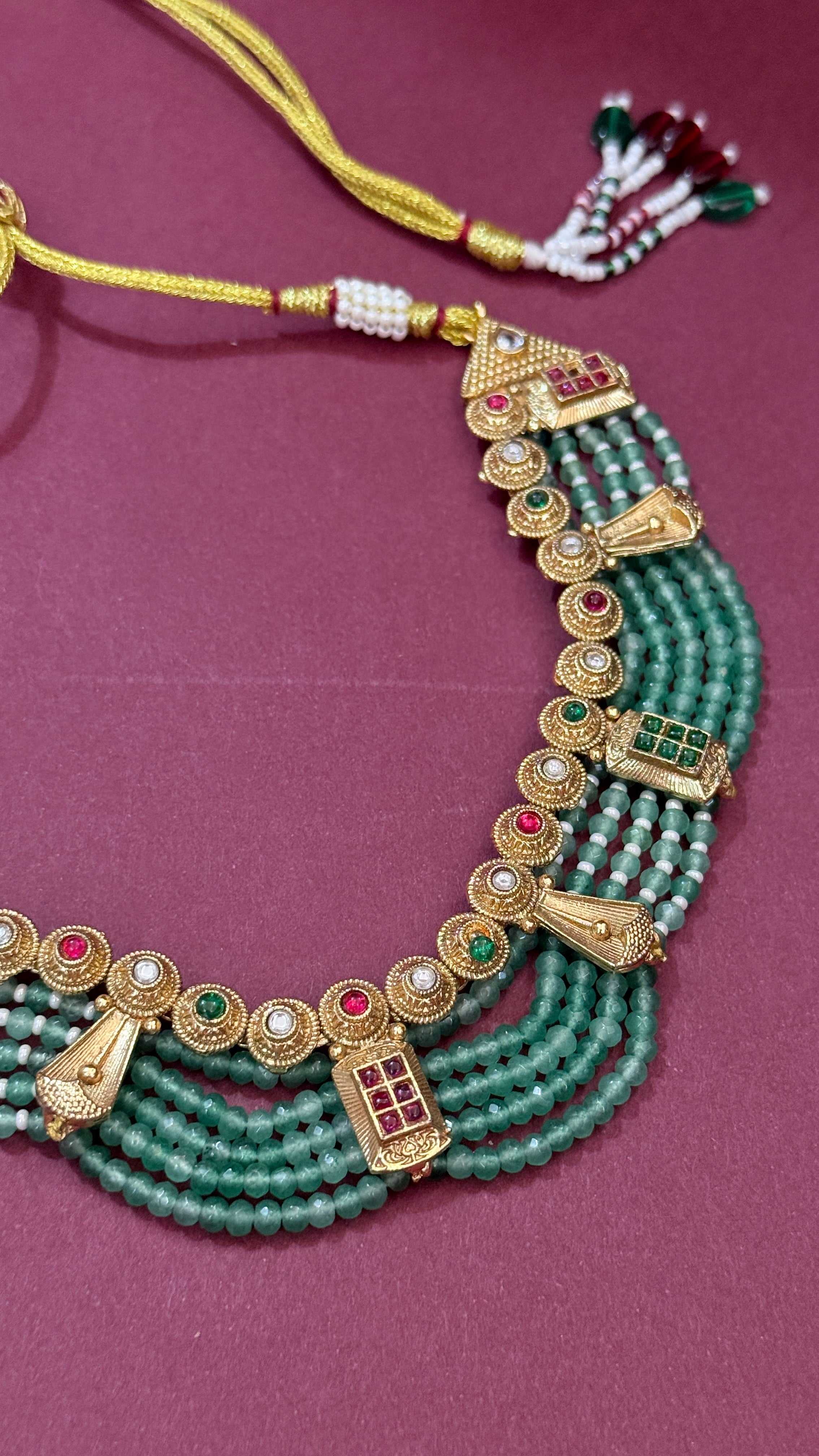 Royal Green Beaded Traditional Necklace Set with Antique Gold Earrings