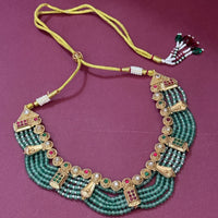 Royal Green Beaded Traditional Necklace Set with Antique Gold Earrings