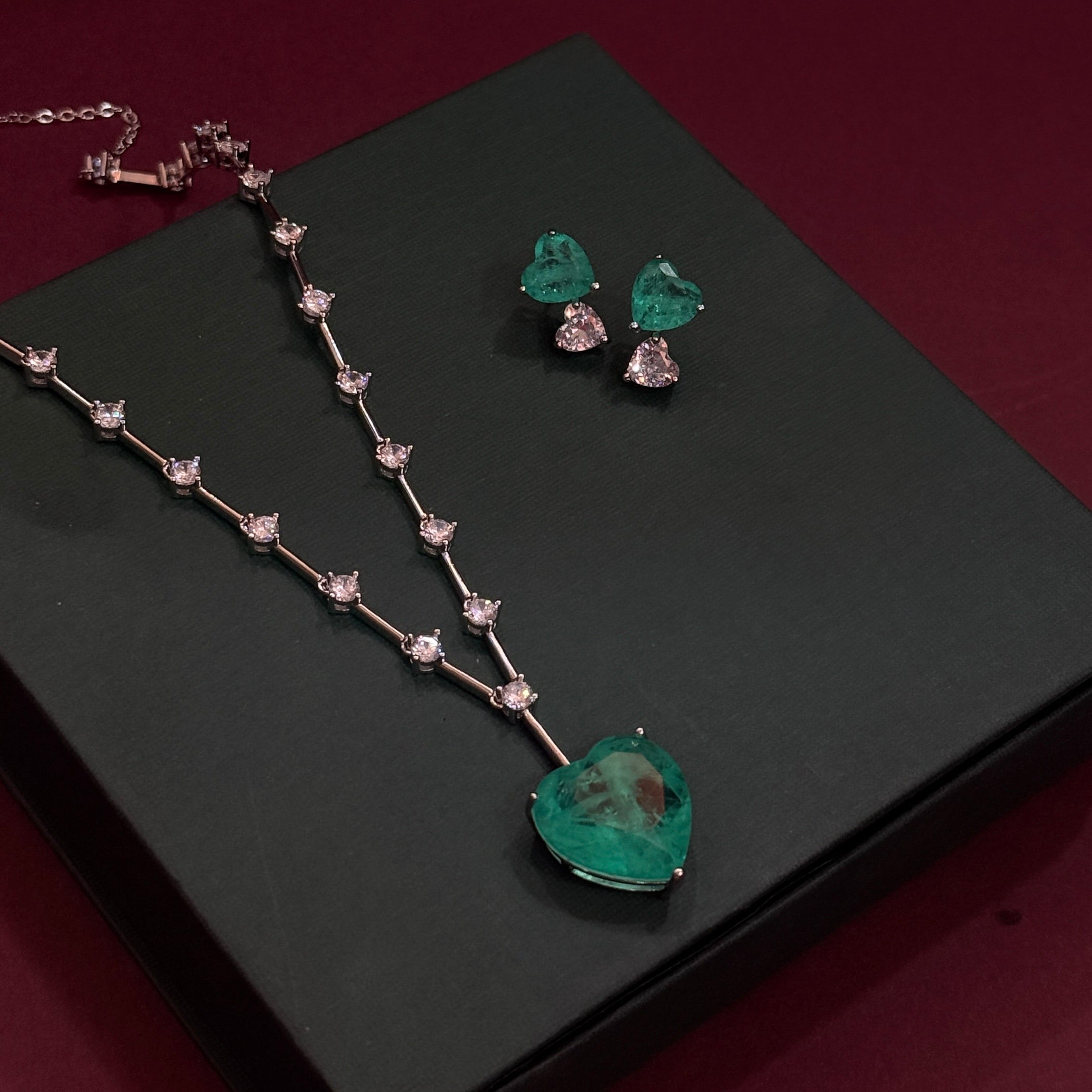 Emerald Heart Drop AD Necklace Set with Matching Earrings