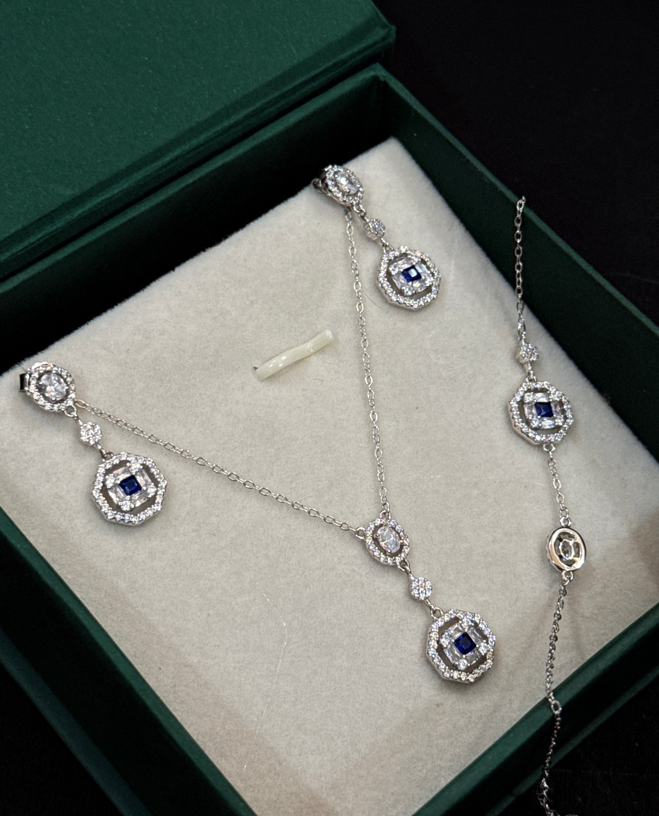 925 Sterling Silver Blue Stone Necklace Set