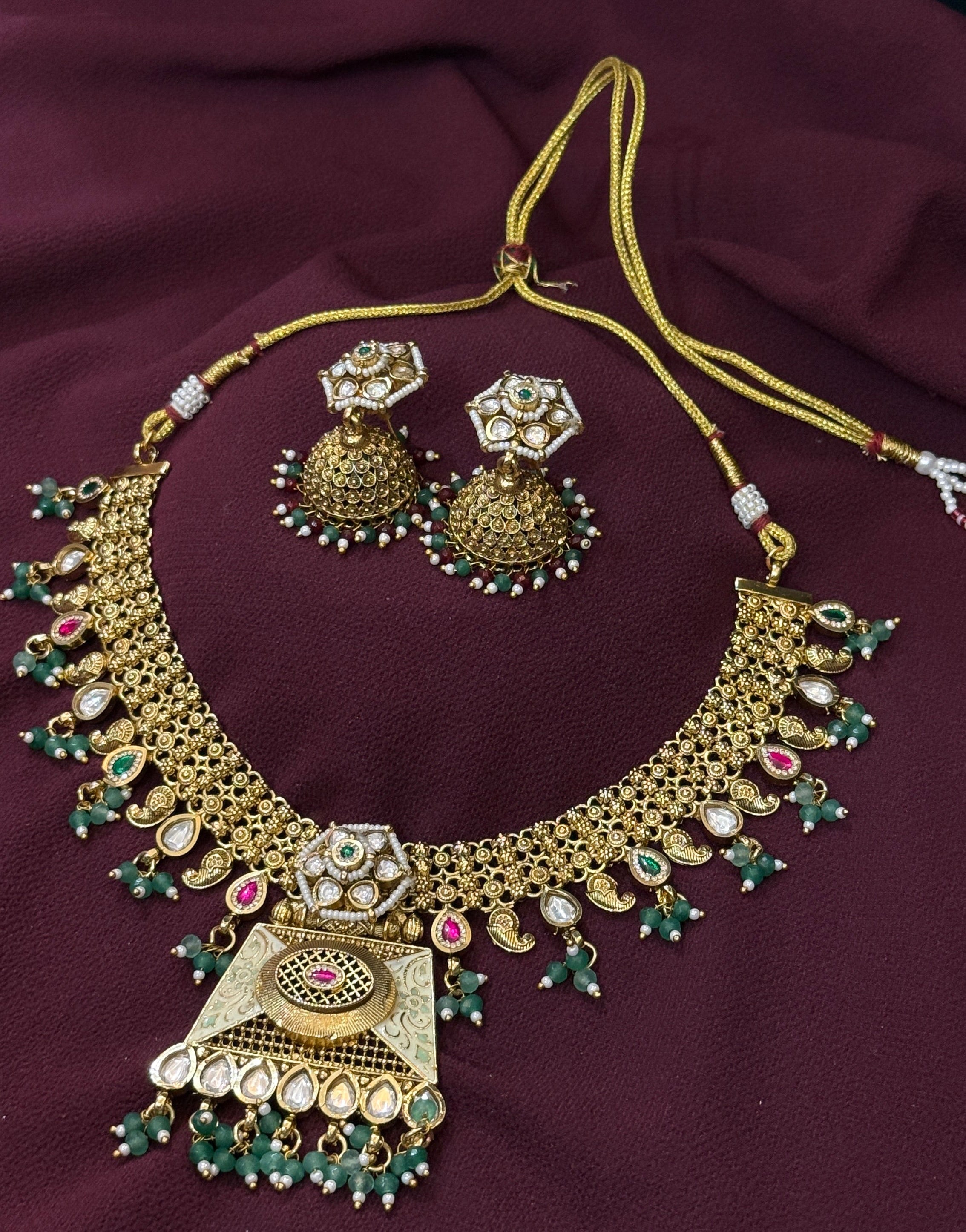 Royal Kundan Polki Bridal Choker Necklace Set with Jhumka Earrings