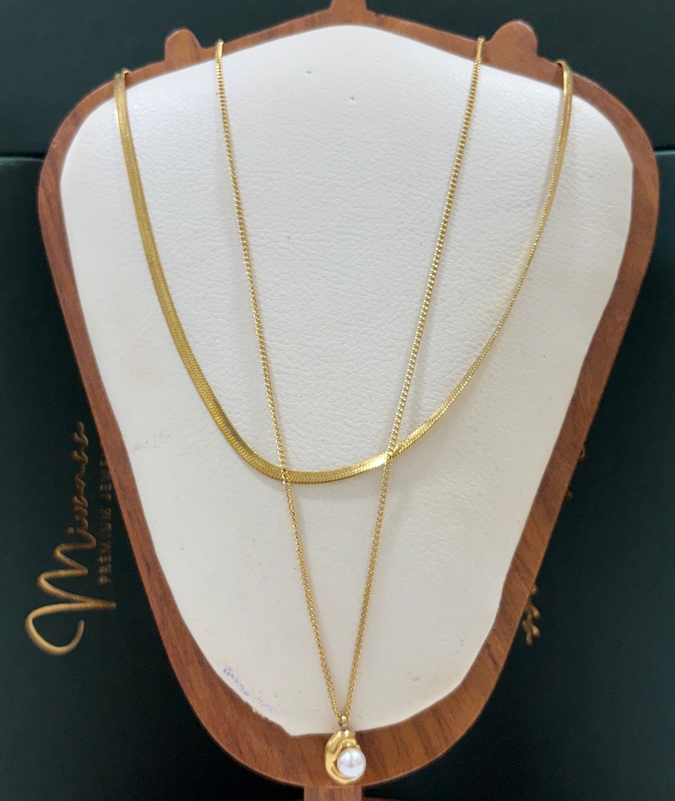 18K Gold Fashion Women's Stainless Steel Necklace Double-layered Layered Pearl Pendant