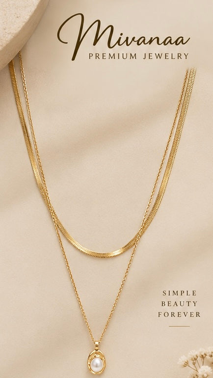 18K Gold Fashion Women's Stainless Steel Necklace Double-layered Layered Pearl Pendant