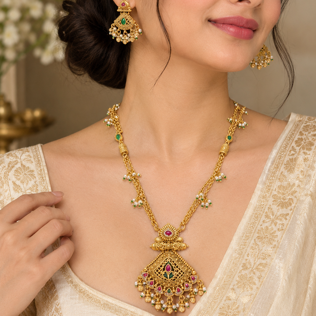 18K Gold-Plated Kundan & Pearl Studded Necklace Set