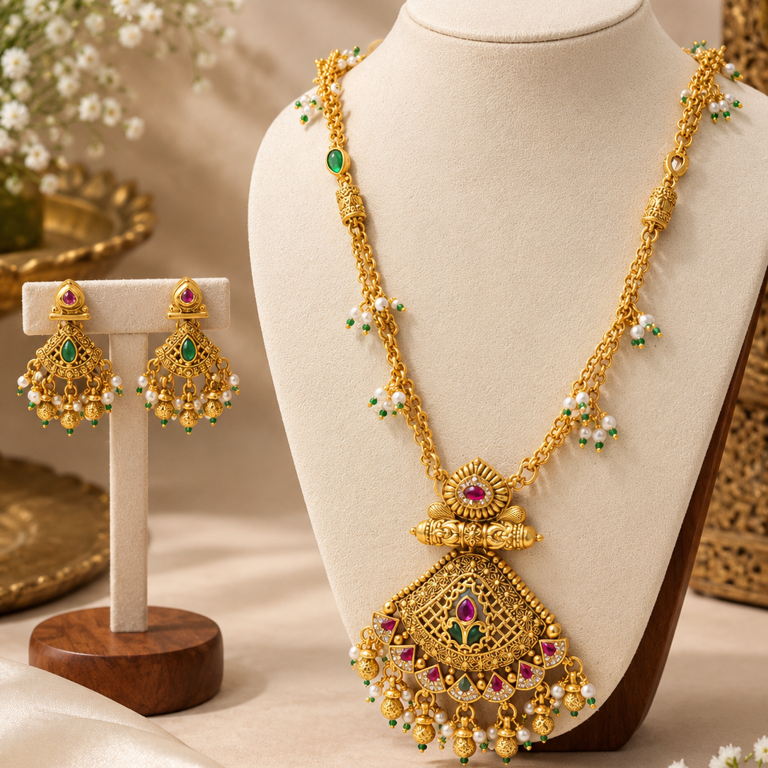 18K Gold-Plated Kundan & Pearl Studded Necklace Set