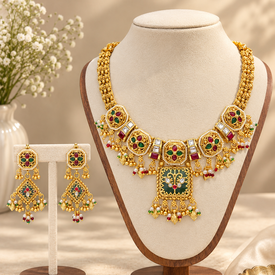 Traditional Multicolor Kundan Necklace and Earring Set