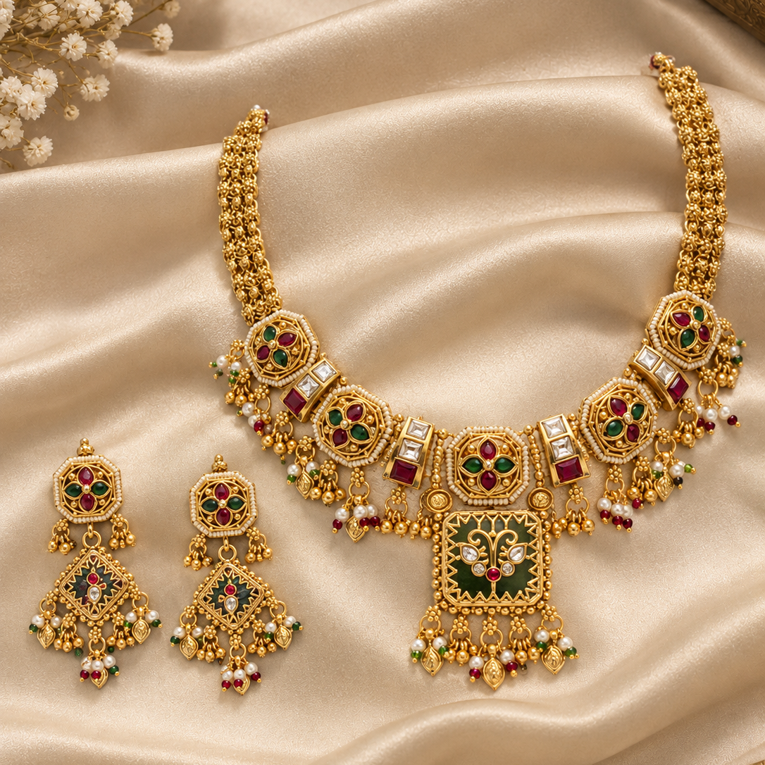 Traditional Multicolor Kundan Necklace and Earring Set